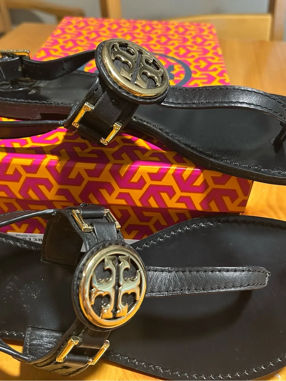 Tory Burch Black Leather Thong Sandals with Gold Logo